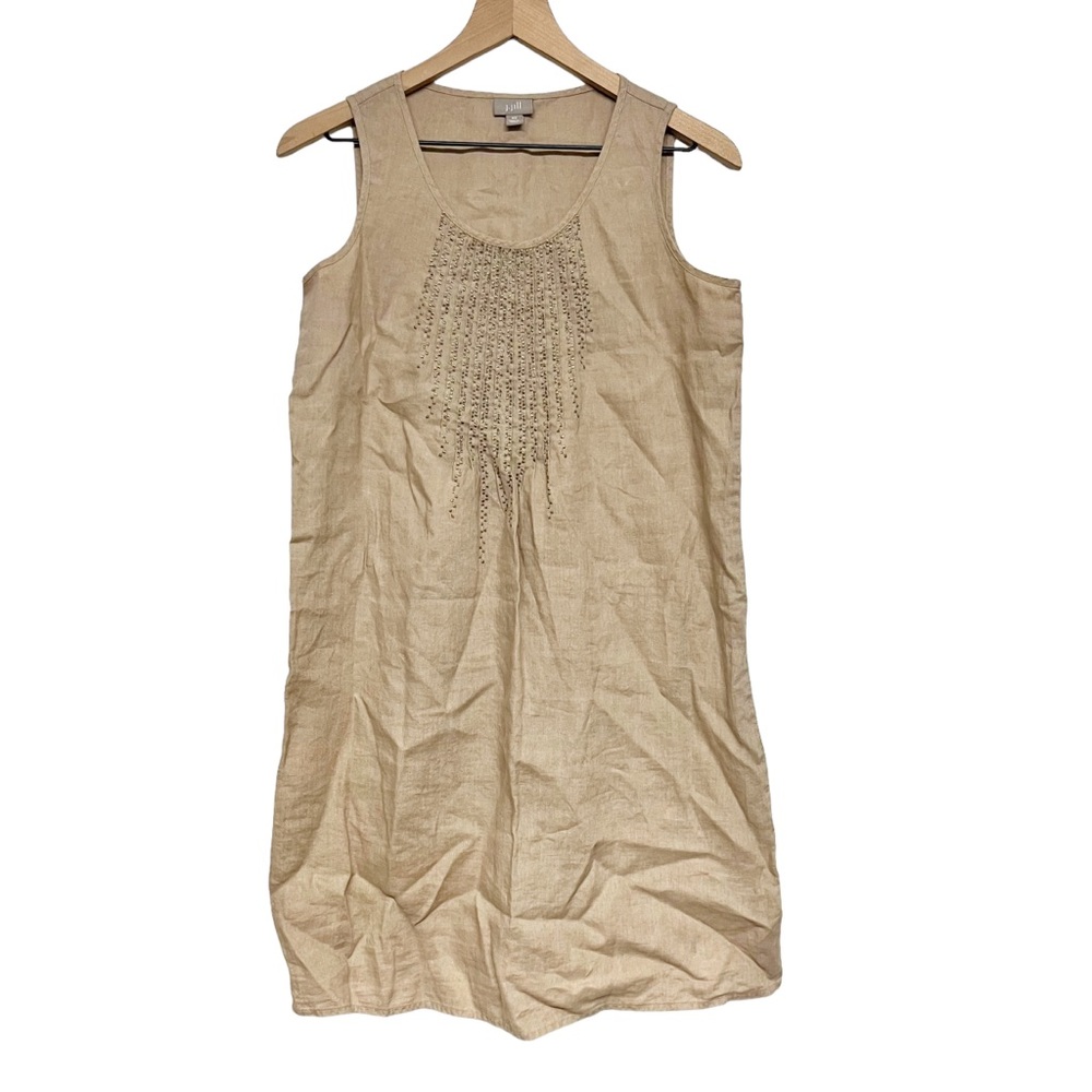 J Jill Womens Linen Sleeveless Tan Shift Dress Size XS Beaded Front Summer